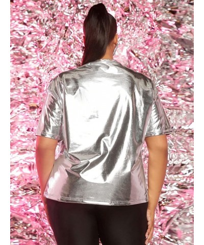 Women's Metallic Plus Size Short Sleeve Mock Neck Loose Casual Blouse Tee Silver $14.49 T-Shirts