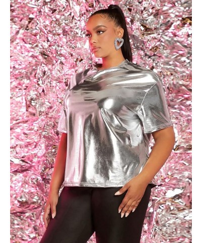 Women's Metallic Plus Size Short Sleeve Mock Neck Loose Casual Blouse Tee Silver $14.49 T-Shirts