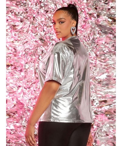 Women's Metallic Plus Size Short Sleeve Mock Neck Loose Casual Blouse Tee Silver $14.49 T-Shirts