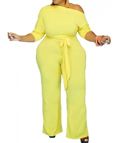 Women's Plus Size Wide Leg Slanted One Shoulder Belted Straight Jumpsuits Playsuits Yellow $27.49 Jumpsuits