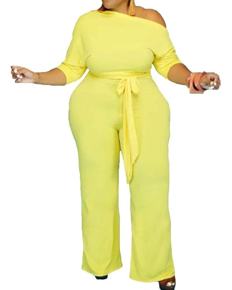 Women's Plus Size Wide Leg Slanted One Shoulder Belted Straight Jumpsuits Playsuits Yellow $27.49 Jumpsuits