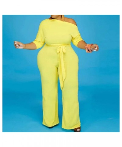 Women's Plus Size Wide Leg Slanted One Shoulder Belted Straight Jumpsuits Playsuits Yellow $27.49 Jumpsuits