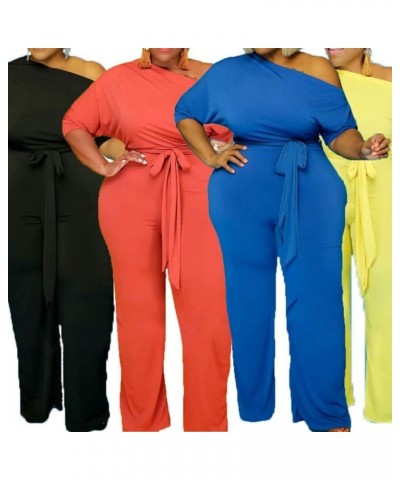 Women's Plus Size Wide Leg Slanted One Shoulder Belted Straight Jumpsuits Playsuits Yellow $27.49 Jumpsuits