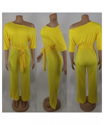 Women's Plus Size Wide Leg Slanted One Shoulder Belted Straight Jumpsuits Playsuits Yellow $27.49 Jumpsuits