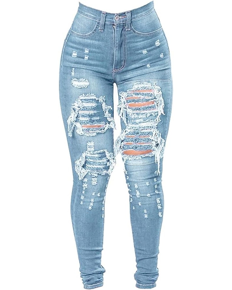 Women's High Waist Skinny Ripped Jeans Slim Destroyed Denim Stretch Trousers Light Blue $5.86 Jeans