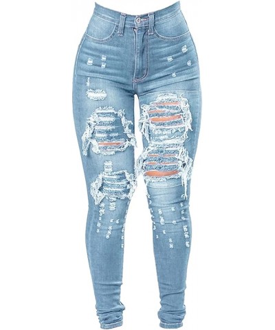 Women's High Waist Skinny Ripped Jeans Slim Destroyed Denim Stretch Trousers Light Blue $5.86 Jeans