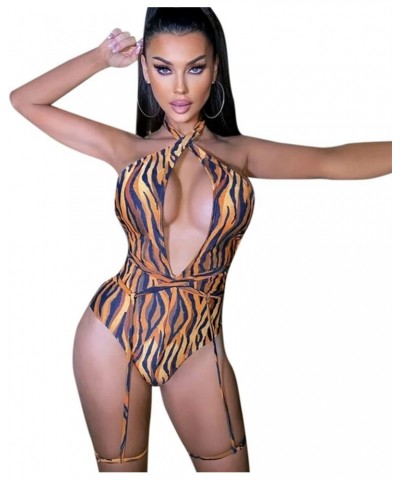 Women Rave Sexy Snakeskin Print Swimsuit Deep-V Monokini Bathing Suit for Dance Tiger Pattern $13.12 Swimsuits