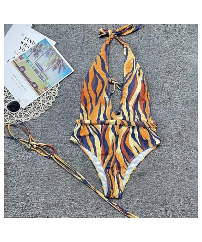 Women Rave Sexy Snakeskin Print Swimsuit Deep-V Monokini Bathing Suit for Dance Tiger Pattern $13.12 Swimsuits