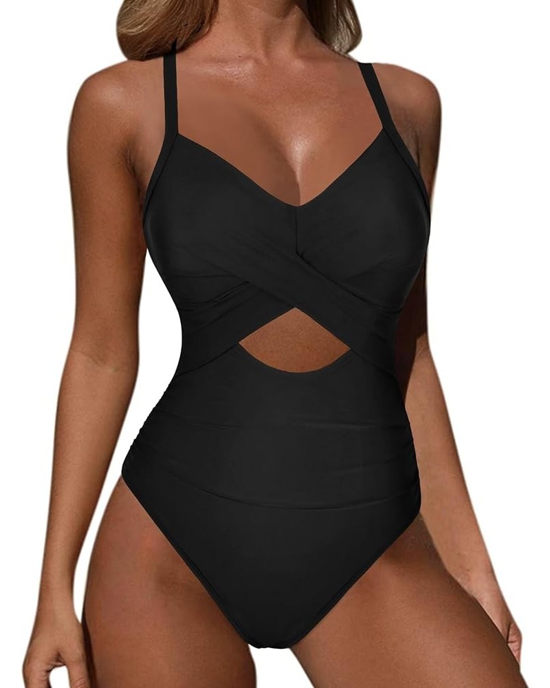 Underwire One Piece Swimsuits for Women Ruched Tummy Control Bathing Suits Criss Cross Sexy Cutout Monokini Swimwear Black $2...