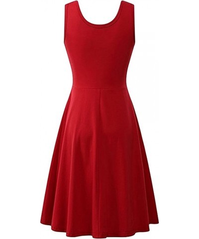 Women's Summer Round Neck Solid Color Knee-Length Dress Loose A-line Sun Dress Flowy Sweet Tank Dress Red $12.74 Dresses