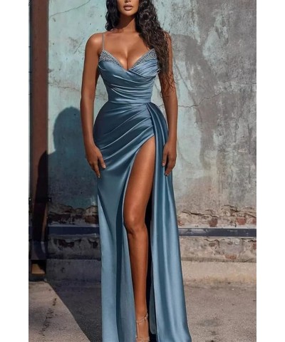 Beaded Formal Satin Bridesmaid Dress Mermaid Evening Dress Spaghetti Strap Sexy Slit V Neck Ruched Bodycon Prom Dresses Laven...