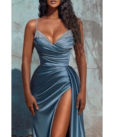 Beaded Formal Satin Bridesmaid Dress Mermaid Evening Dress Spaghetti Strap Sexy Slit V Neck Ruched Bodycon Prom Dresses Laven...