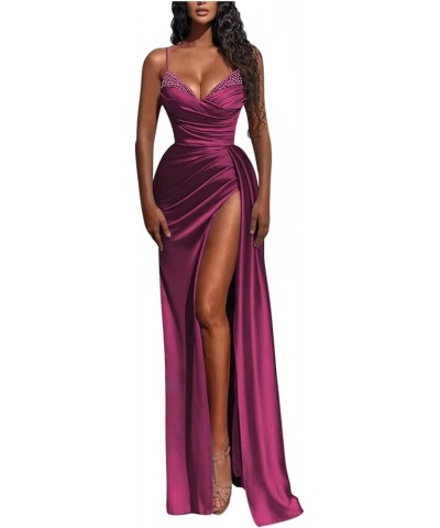 Beaded Formal Satin Bridesmaid Dress Mermaid Evening Dress Spaghetti Strap Sexy Slit V Neck Ruched Bodycon Prom Dresses Laven...