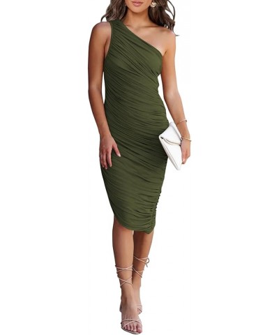 Women's Ruched Bodycon Dress 2024 Summer One Shoulder Sleeveless Party Cocktail Pencil Dresses Army Green $29.04 Dresses