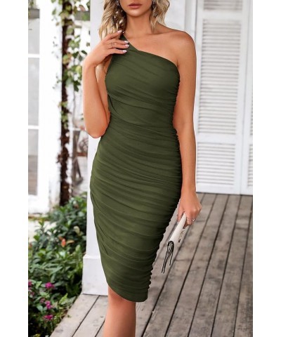 Women's Ruched Bodycon Dress 2024 Summer One Shoulder Sleeveless Party Cocktail Pencil Dresses Army Green $29.04 Dresses