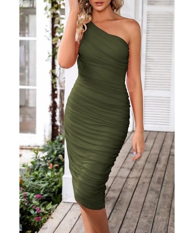 Women's Ruched Bodycon Dress 2024 Summer One Shoulder Sleeveless Party Cocktail Pencil Dresses Army Green $29.04 Dresses