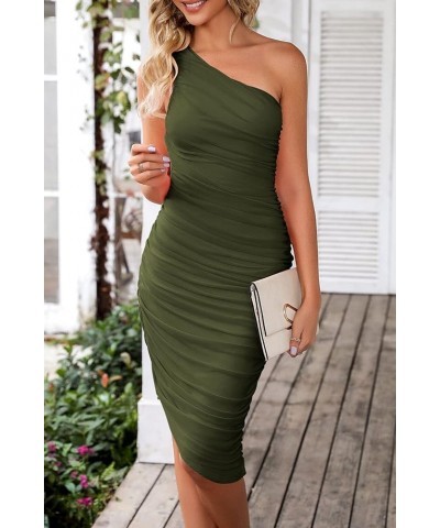 Women's Ruched Bodycon Dress 2024 Summer One Shoulder Sleeveless Party Cocktail Pencil Dresses Army Green $29.04 Dresses