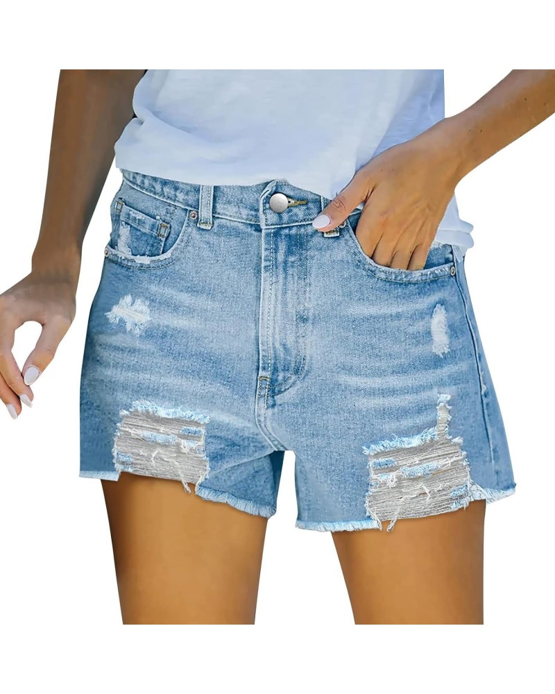 2023 New Women's Distressed Frayed Hem Jean Shorts Flowy Casual Denim Shorts Micro Elastic Ripped Jeans with Pockets $9.98 Sh...