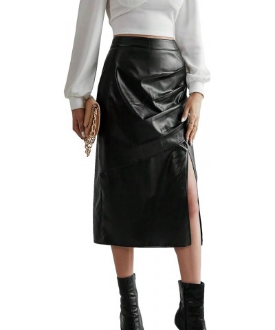 Women's Split Thigh Ruched Pu Leather High Waist Slit Zipper Straight Midi Casual Skirt Black $15.30 Skirts