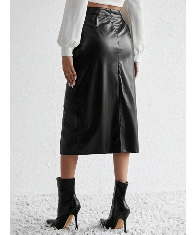 Women's Split Thigh Ruched Pu Leather High Waist Slit Zipper Straight Midi Casual Skirt Black $15.30 Skirts