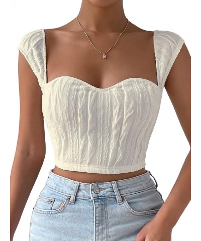 Women's Sweetheart Neck Rib Knit Short Sleeve Solid Tee Shirt Top White Ivory $10.11 T-Shirts