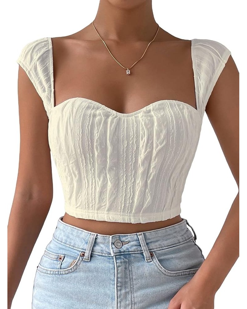 Women's Sweetheart Neck Rib Knit Short Sleeve Solid Tee Shirt Top White Ivory $10.11 T-Shirts