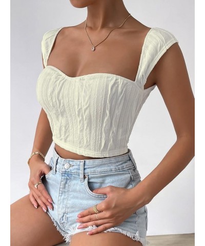 Women's Sweetheart Neck Rib Knit Short Sleeve Solid Tee Shirt Top White Ivory $10.11 T-Shirts