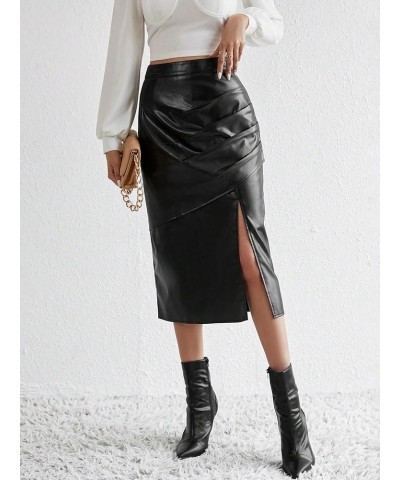 Women's Split Thigh Ruched Pu Leather High Waist Slit Zipper Straight Midi Casual Skirt Black $15.30 Skirts