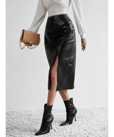 Women's Split Thigh Ruched Pu Leather High Waist Slit Zipper Straight Midi Casual Skirt Black $15.30 Skirts