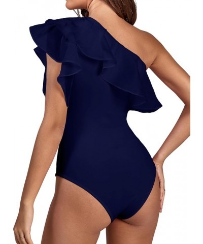 Women's Ruffle Sheer Mesh Puff Sleeve One Shoulder Leotard Bodysuit Navy Blue $14.70 Bodysuits