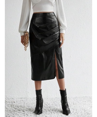 Women's Split Thigh Ruched Pu Leather High Waist Slit Zipper Straight Midi Casual Skirt Black $15.30 Skirts