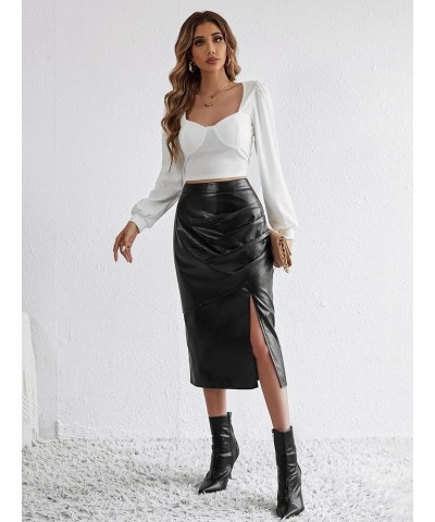 Women's Split Thigh Ruched Pu Leather High Waist Slit Zipper Straight Midi Casual Skirt Black $15.30 Skirts