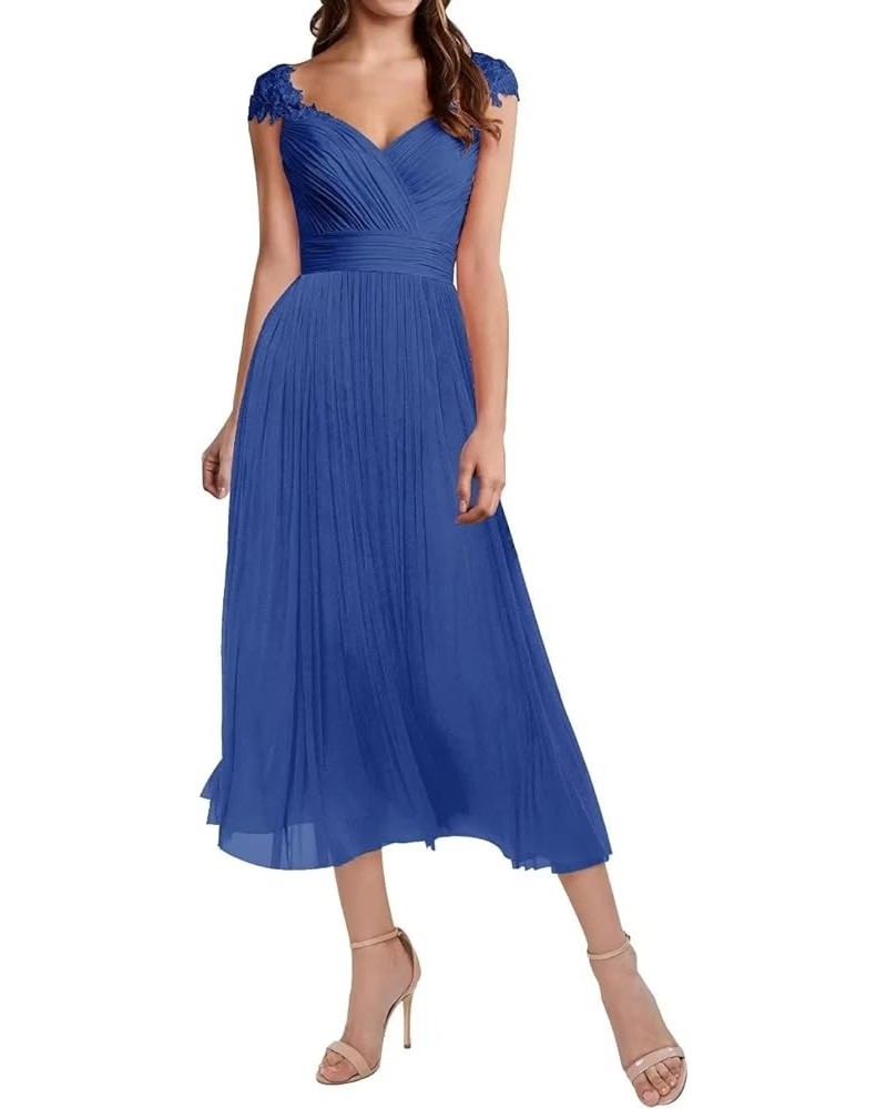 Women Elegant Cap Sleeve Lace Empire Waist Tea Length Bridesmaid Dresses Formal Evening Dresses Blue $33.08 Dresses