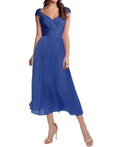 Women Elegant Cap Sleeve Lace Empire Waist Tea Length Bridesmaid Dresses Formal Evening Dresses Blue $33.08 Dresses