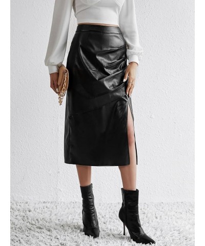 Women's Split Thigh Ruched Pu Leather High Waist Slit Zipper Straight Midi Casual Skirt Black $15.30 Skirts