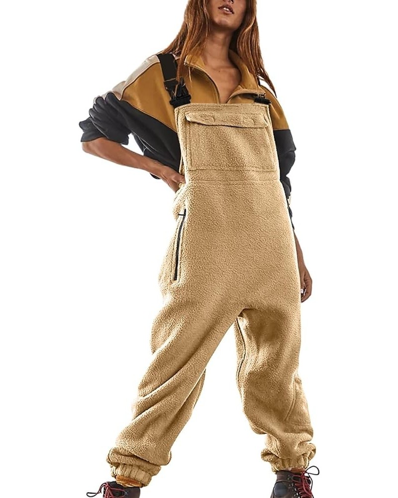 Sherpa Fleece Overalls for Women Adjustable Suspender Straps One-piece Bibs Jumpsuits Warm Winter Fuzzy Ski Pants 04khaki $8....