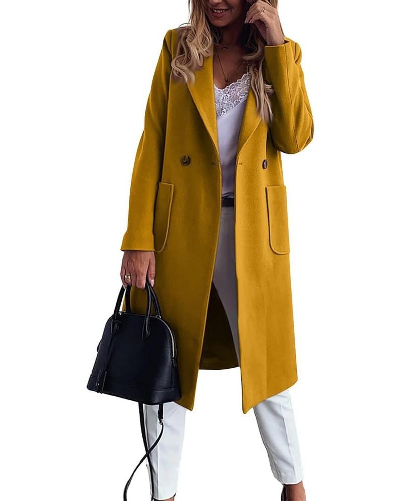 Women's Double Breasted Winter Wool Pea Coat Midi Long Warm Wool Blend Trench Coat Yellow $30.24 Coats