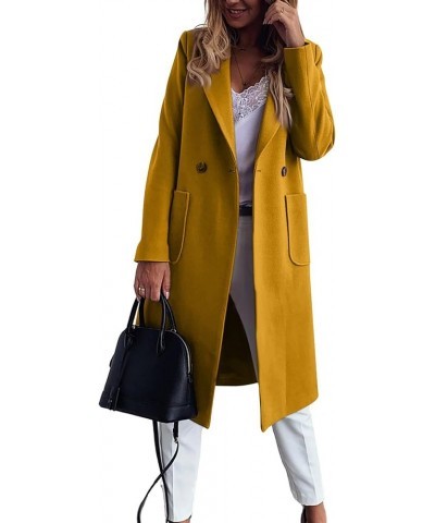 Women's Double Breasted Winter Wool Pea Coat Midi Long Warm Wool Blend Trench Coat Yellow $30.24 Coats