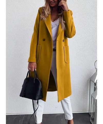 Women's Double Breasted Winter Wool Pea Coat Midi Long Warm Wool Blend Trench Coat Yellow $30.24 Coats