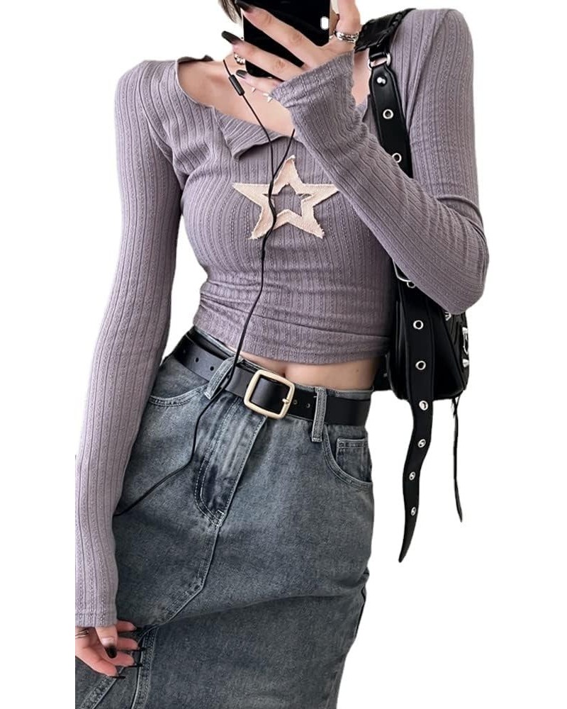 Y2k Harajuku T Shirt Women Long Sleeve Star Grunge Aesthetic Vintage T Shirt American Retro Y2k Crop Tops Grey $13.92 T-Shirts