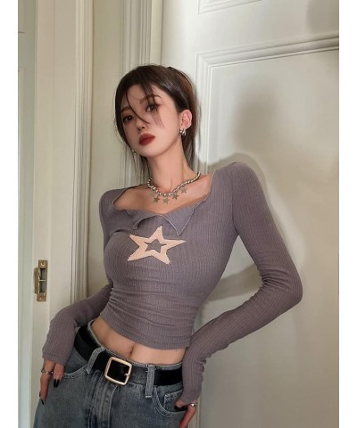 Y2k Harajuku T Shirt Women Long Sleeve Star Grunge Aesthetic Vintage T Shirt American Retro Y2k Crop Tops Grey $13.92 T-Shirts