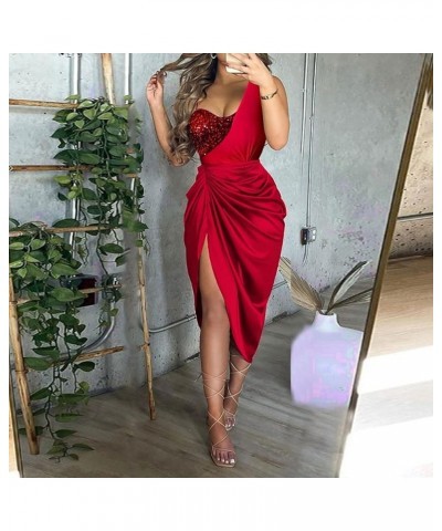 Wedding Guest Dresses for Women Sexy Sequin Slit Midi Smocked One Shoulder Evening Midi Casual Dresses S004 Red $12.75 Dresses