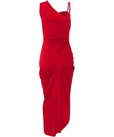 Wedding Guest Dresses for Women Sexy Sequin Slit Midi Smocked One Shoulder Evening Midi Casual Dresses S004 Red $12.75 Dresses