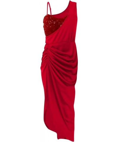 Wedding Guest Dresses for Women Sexy Sequin Slit Midi Smocked One Shoulder Evening Midi Casual Dresses S004 Red $12.75 Dresses