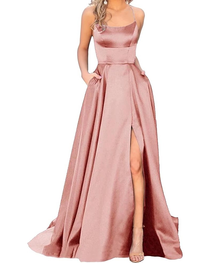 Split Formal Evening Gowns Spaghetti Straps Satin Prom Dresses Long with Pockets Womens Dusty Pink $24.20 Dresses