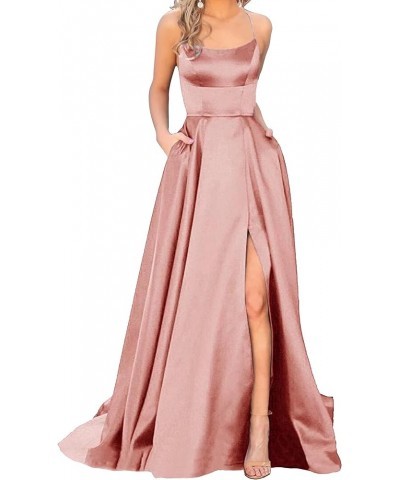 Split Formal Evening Gowns Spaghetti Straps Satin Prom Dresses Long with Pockets Womens Dusty Pink $24.20 Dresses