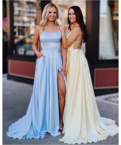 Split Formal Evening Gowns Spaghetti Straps Satin Prom Dresses Long with Pockets Womens Dusty Pink $24.20 Dresses