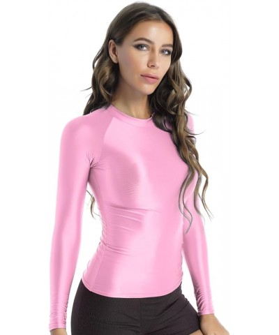 Women's Long Sleeve Shiny Glossy Yoga Sport Shirts Compression Gym Workout T-Shirt Tops Pink $10.00 Shirts