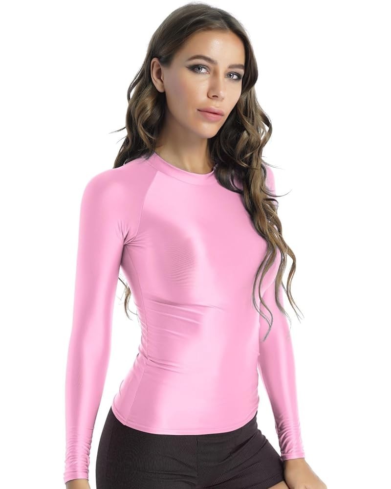 Women's Long Sleeve Shiny Glossy Yoga Sport Shirts Compression Gym Workout T-Shirt Tops Pink $10.00 Shirts