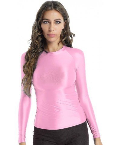 Women's Long Sleeve Shiny Glossy Yoga Sport Shirts Compression Gym Workout T-Shirt Tops Pink $10.00 Shirts